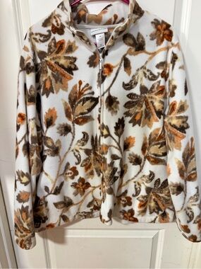 Alfred Dunner White Fleece Jacket with Brown & Orange Floral Print